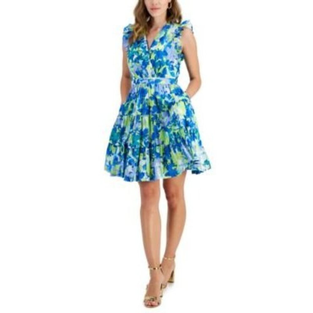 Taylor Women Printed A-Line V-Neck Dress w/pockets, lined, ruffle trim Sz 16 NWT